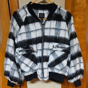 Forever 21 Black and White Check Plush Bomber Jacket